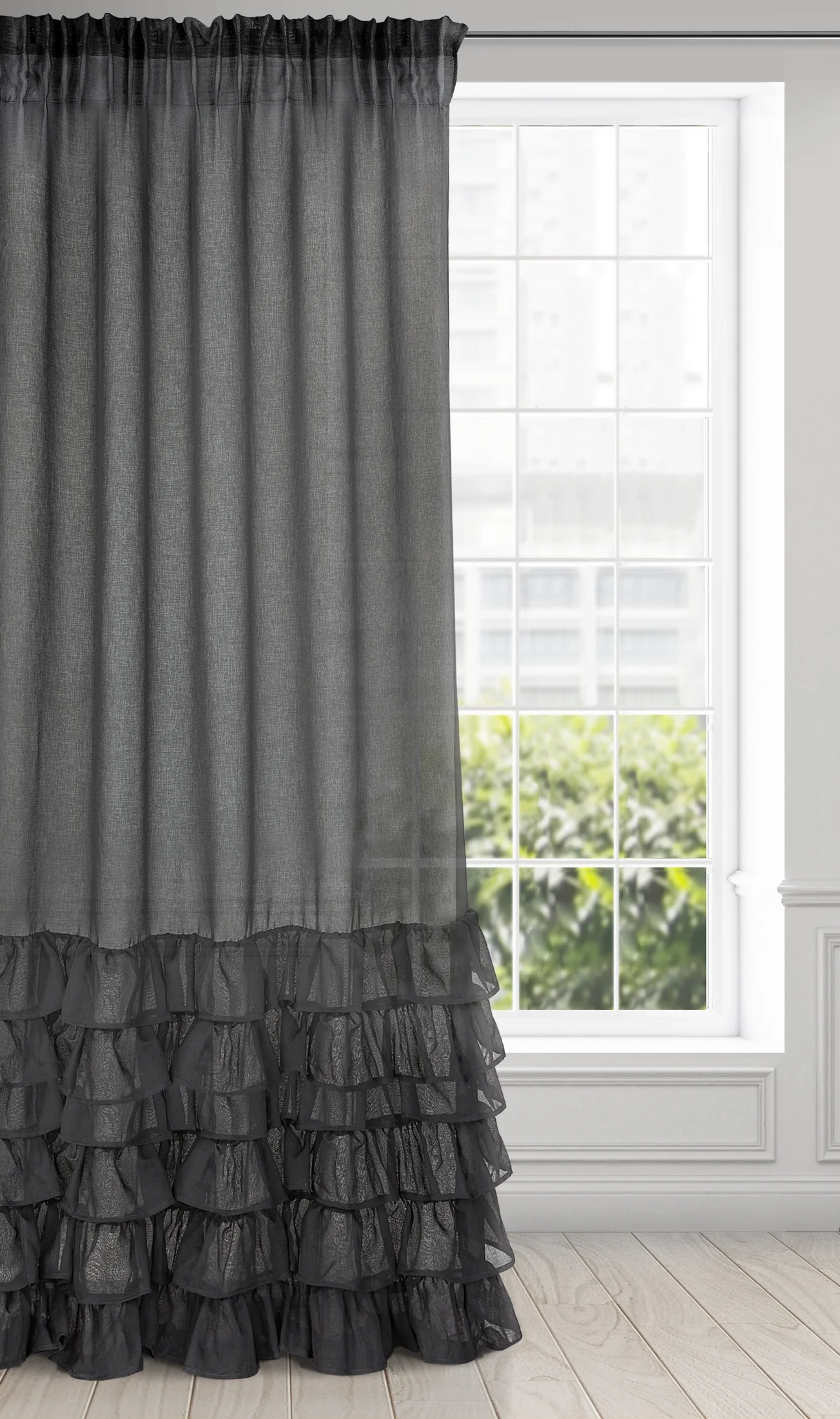 Firana czarna z falbanami 140x250 cm taśma DOLLY DIVA LINE