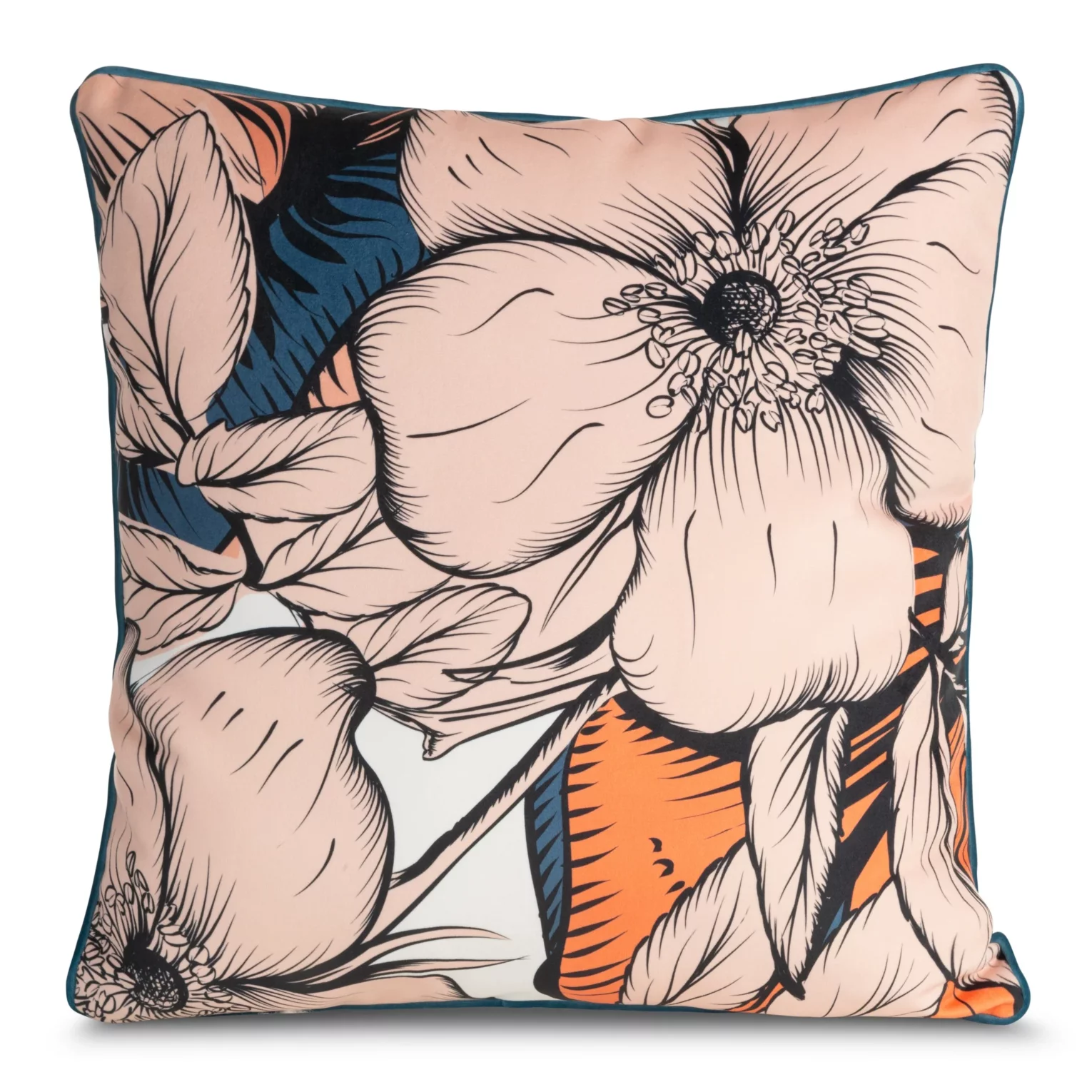 Poszewka na poduszkę dwustronna 60x60 cm welwetowa, różowo granatowa z kwiatowym nadrukiem i wypustką na brzegach EMMA Eurofirany Premium