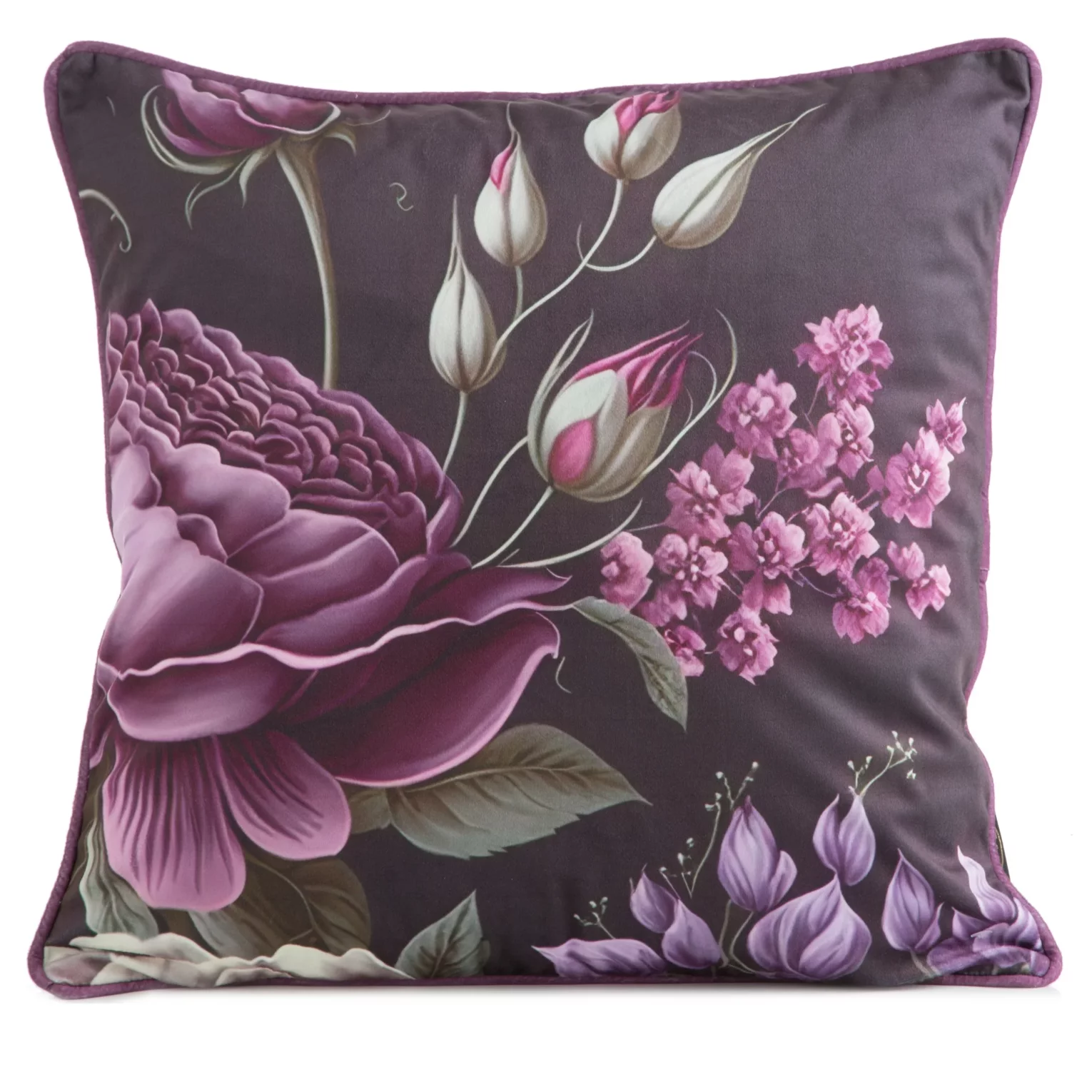 Poszewka na poduszkę 45x45 cm welwetowa, fioletowo czarna, dwustronna z motywem kwiatów Eurofirany Premium