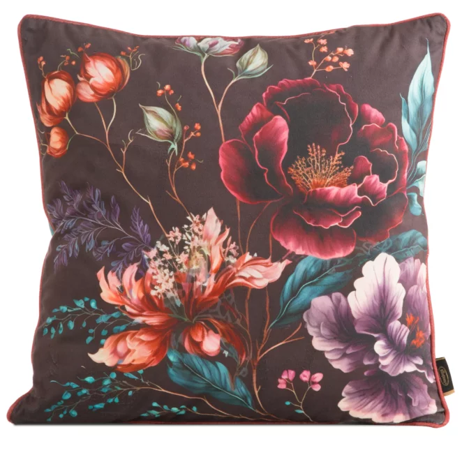 Poszewka na poduszkę 45x45 cm welwetowa, kolor ceglasty, turkusowy, dwustronna z motywem kwiatów VELVET 129 Eurofirany Premium