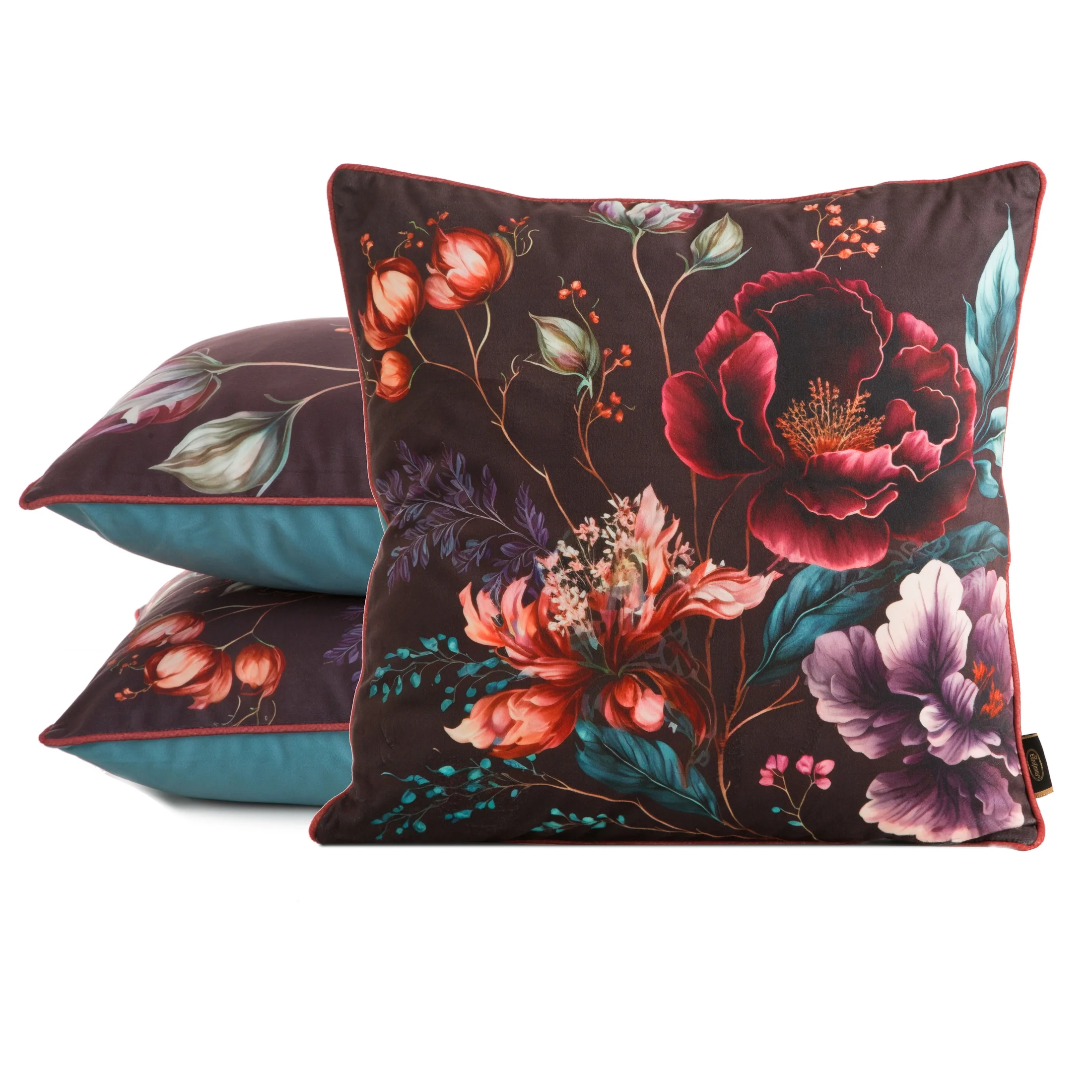 Poszewka na poduszkę 45x45 cm welwetowa, bordowo turkusowa, dwustronna z motywem kwiatów z wypustką VELVET 130 Eurofirany Premium