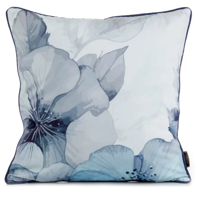 Poszewka na poduszkę 45x45 cm welwetowa, niebiesko kremowa, dwustronna z motywem kwiatów VELVET 132 Eurofirany Premium