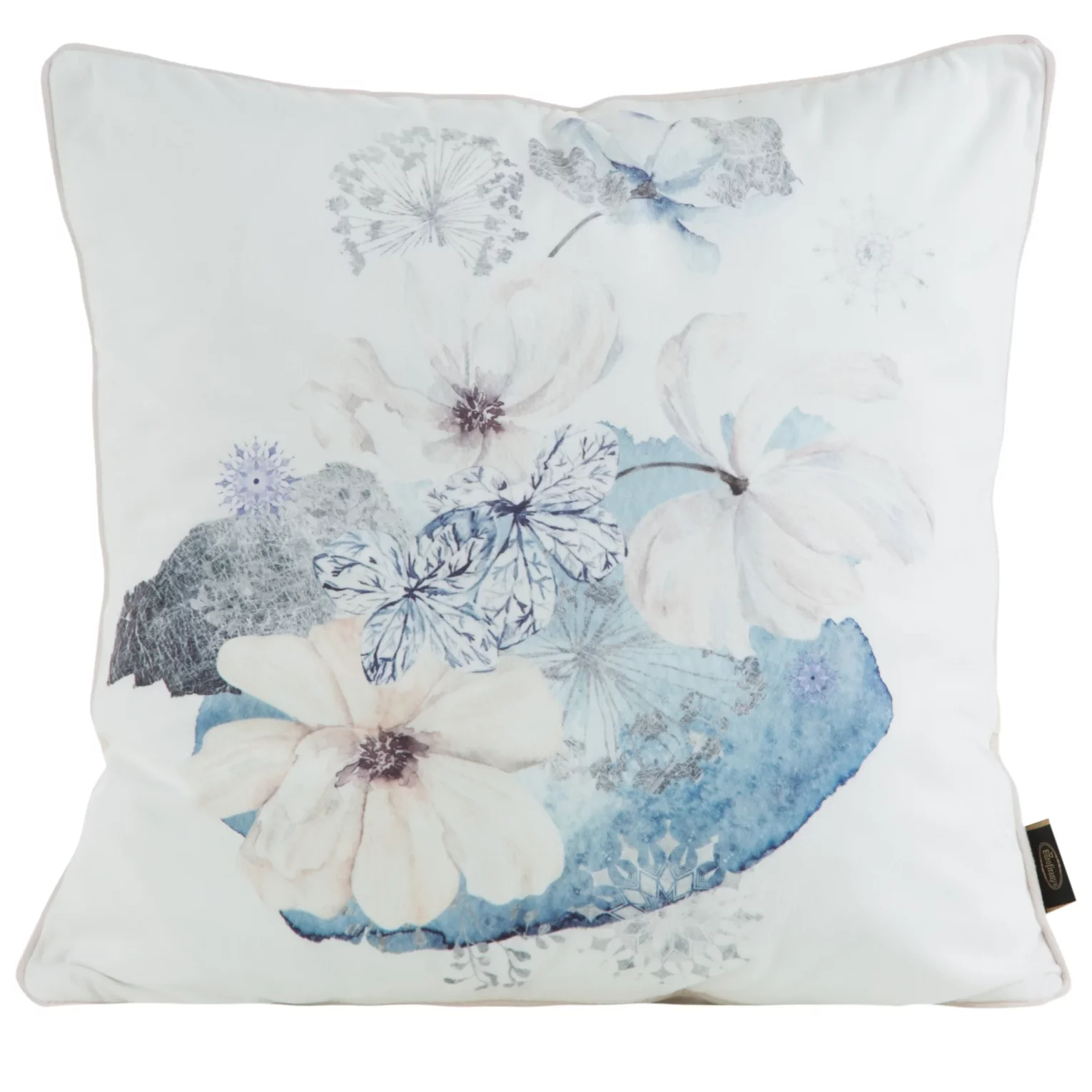Poszewka na poduszkę 45x45 cm welwetowa, kremowo niebieska, dwustronna z motywem kwiatów VELVET 125 Eurofirany Premium