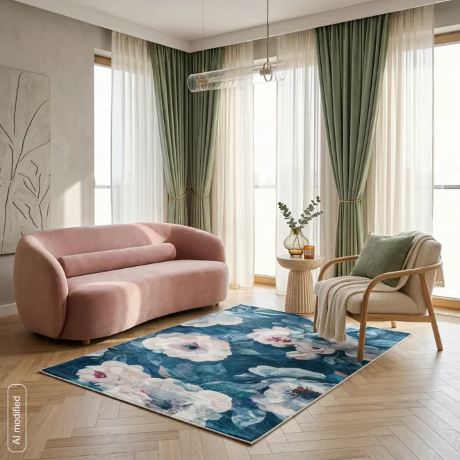 Dywan 120x160 cm ciemnoniebiesko, pudrowy z motywem kwiatu róży LOTUS5
