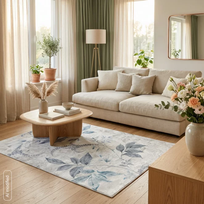 Dywan 120x160 cm kremowo, niebieski zdobiony motywem roślinnym LOTUS6