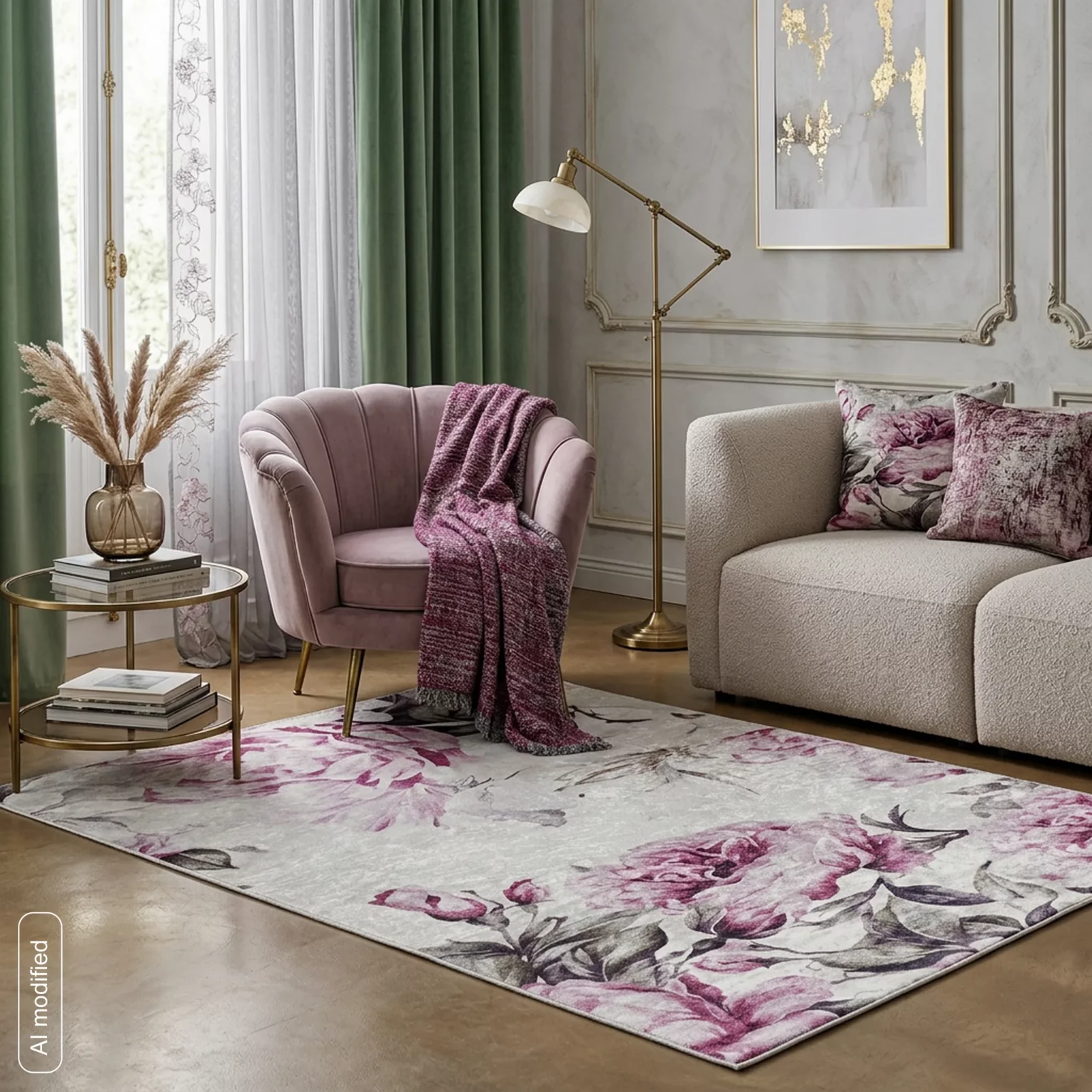 Dywan 120x160 cm różowo, kremowy z motywem kwiatu peonii LOTUS2