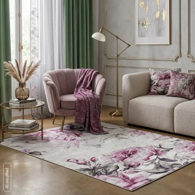 Dywan 120x160 cm różowo, kremowy z motywem kwiatu peonii LOTUS2