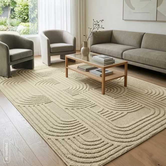 Dywan 120x170 cm beżowy z strukturalnym plecionym wzorem geometrycznym LINEA2 BOHO