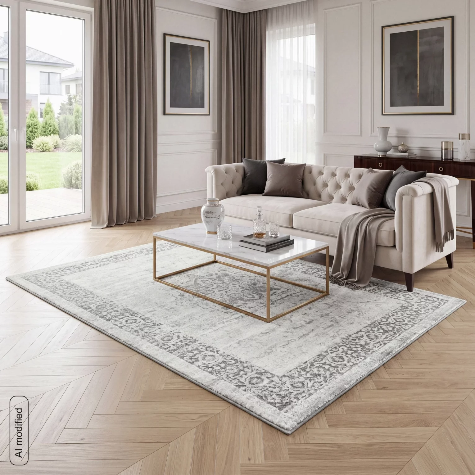 Dywan 120x170 cm jasnostalowo, biały z motywem klasycznych ornamentów ELBA4
