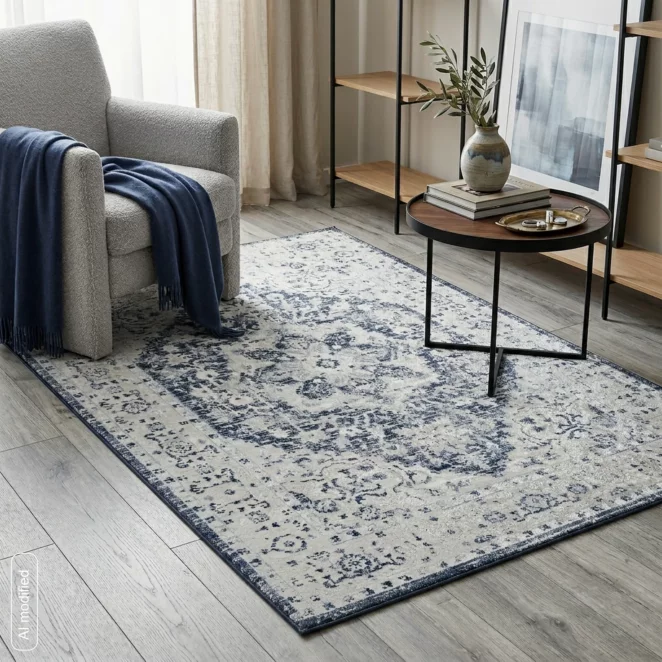 Dywan 120x170 cm kremowo, granatowy zdobiony wzorem ornamentu ELBA2