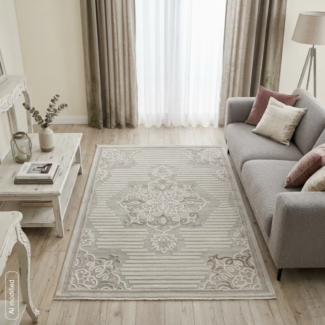 Dywan 140x190 cm beżowo, kremowy z ornamentowym wzorem CRYSTAL6