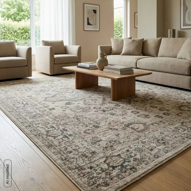 Dywan 140x190 cm beżowo, kremowy z wzorem orientalno - vintage HAWAI1