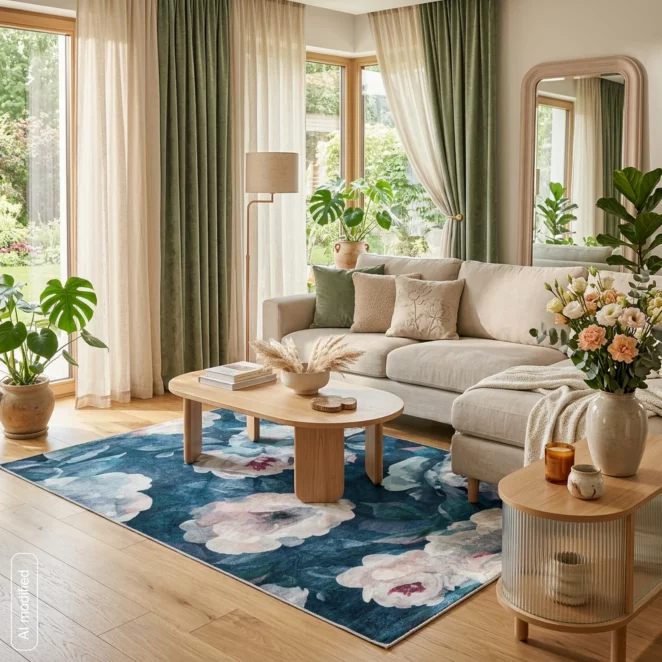 Dywan 160x220 cm ciemnoniebiesko, pudrowy z motywem kwiatu róży LOTUS5