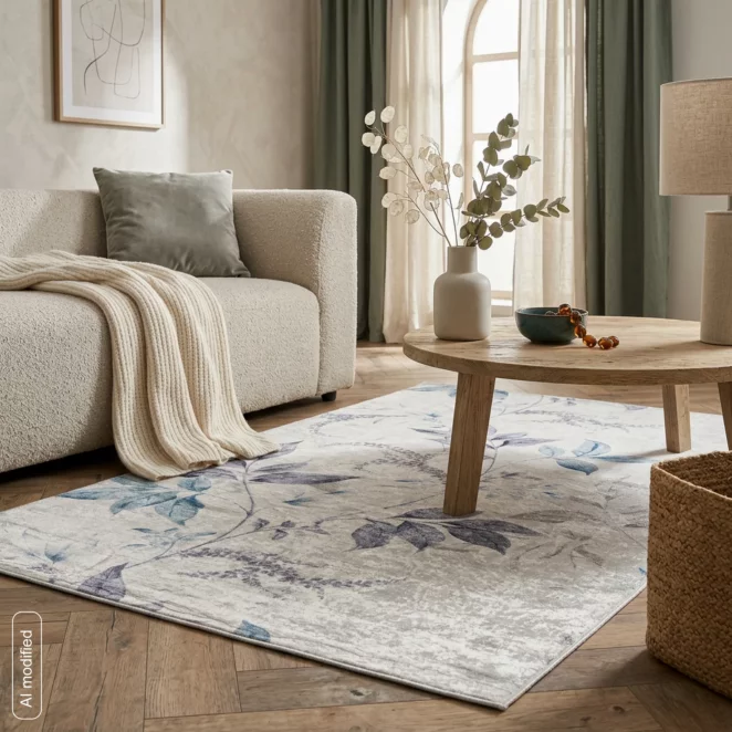 Dywan 160x220 cm kremowo, niebieski zdobiony motywem roślinnym LOTUS6