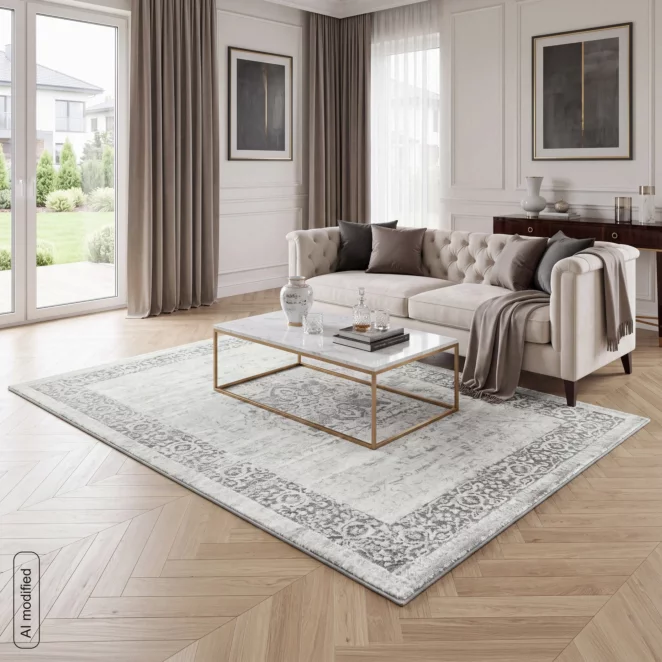 Dywan 160x230 cm jasnostalowo, biały z motywem klasycznych ornamentów ELBA4
