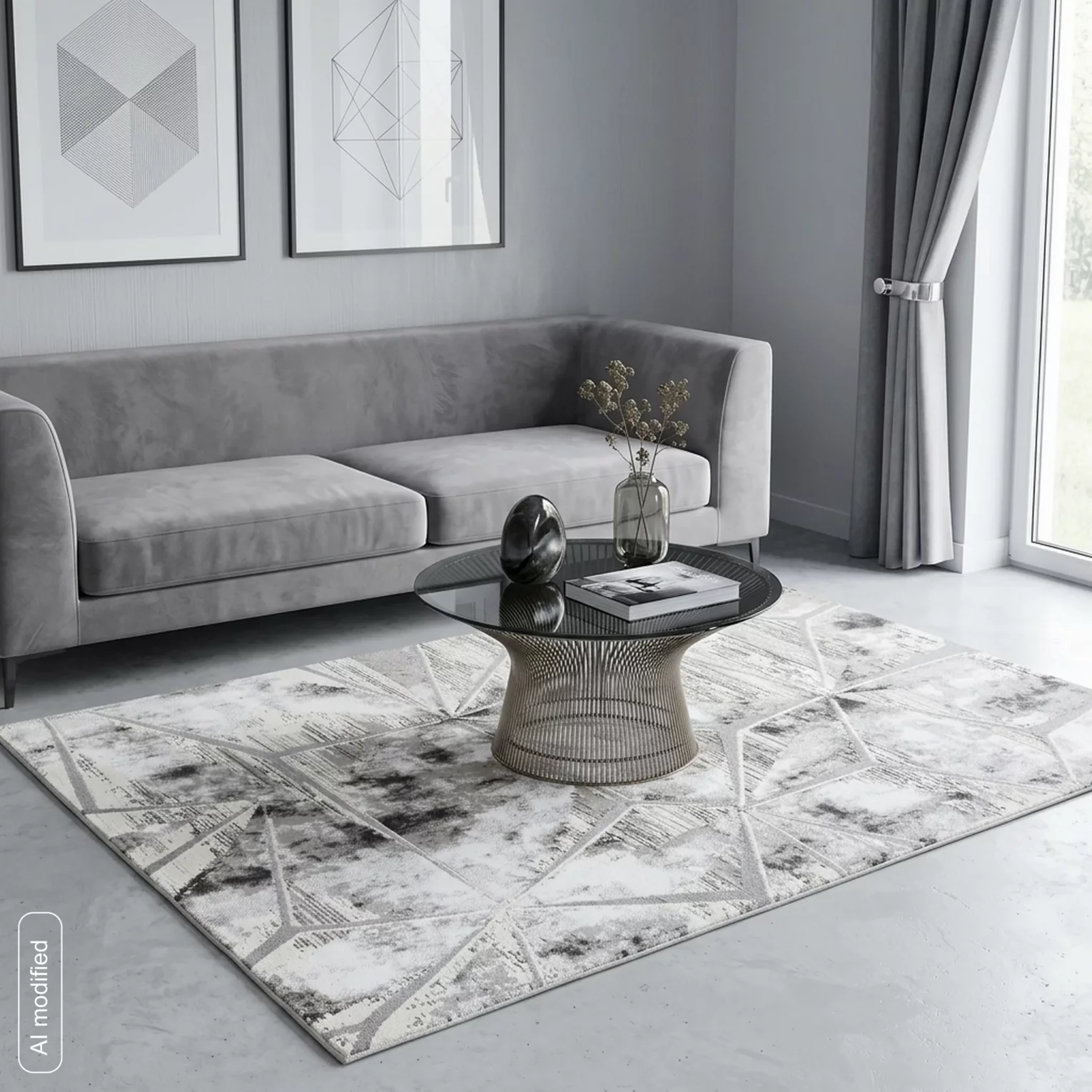 Dywan 160x230 cm stalowo, biały zdobiony geometrycznym przestrzennym wzorem MILAN5
