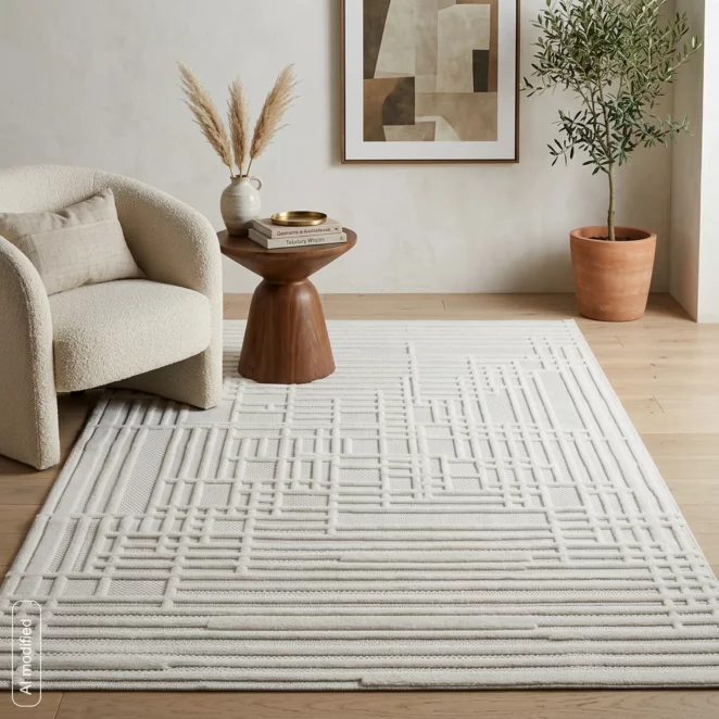 Dywan 200x290 cm kremowo, beżowy strukturalny, wytłaczany z nowoczesnym wzorem geometrycznych linii VENUS2