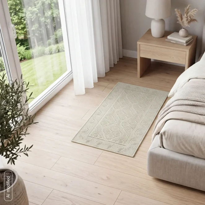 Dywan 50x80 cm beżowy zdobiona pętelkowym geometrycznym wzorem LENA BOHO