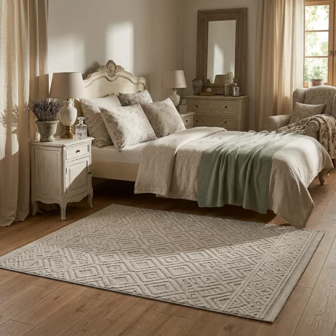 Dywan 50x80 cm beżowy zdobiony pętelkowym geometrycznym wzorem DIDAR7