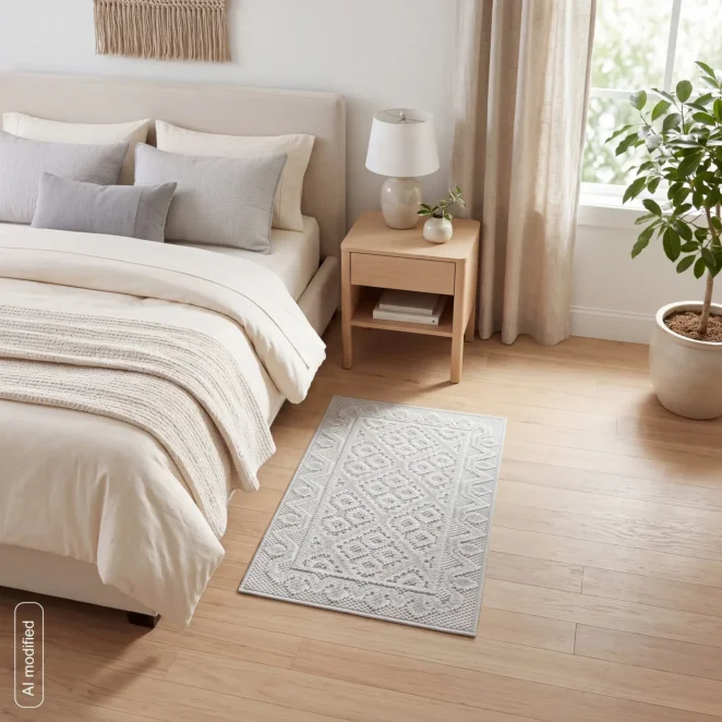 Dywan 50x80 cm srebrny zdobiony pętelkowym geometrycznym wzorem LENA BOHO