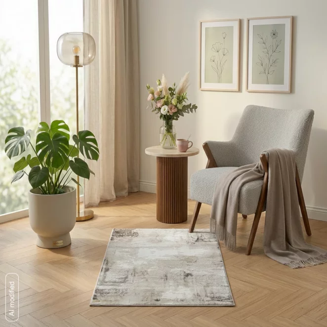 Dywan 60x100 cm jasnoszary, biały zdobiony abstrakcyjnym wzorem ASIA4