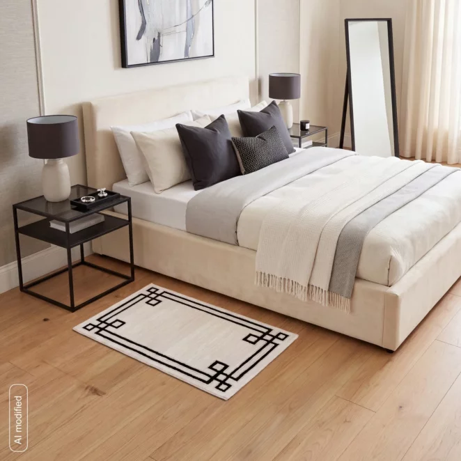 Dywan 60x100 cm jasnoszary, czarny zdobiony elegancką geometryczną ramką AURA 3