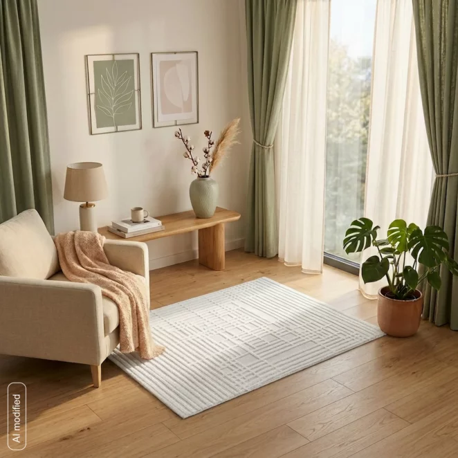 Dywan 60x100 cm kremowo, beżowy strukturalny, wytłaczany z nowoczesnym wzorem geometrycznych linii VENUS2