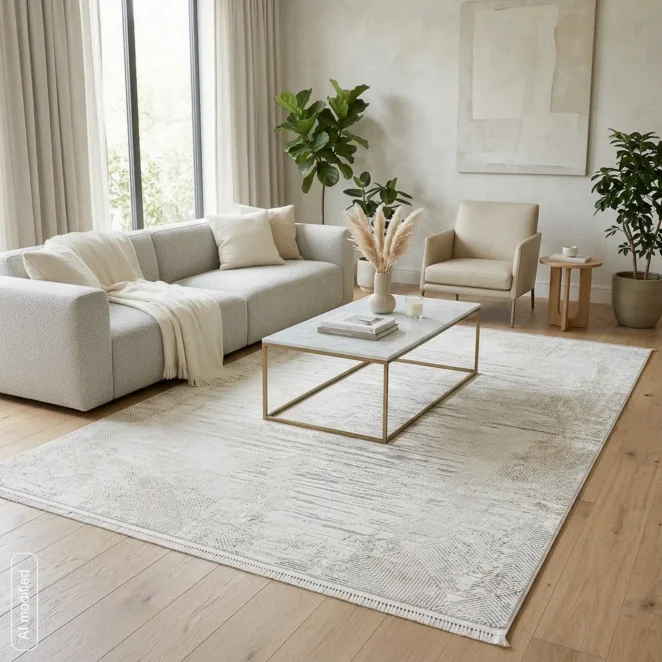 Dywan 60x100 cm kremowo, beżowy zdobiony subtelnym geometrycznym teksturalnym wzorem KADIFEM