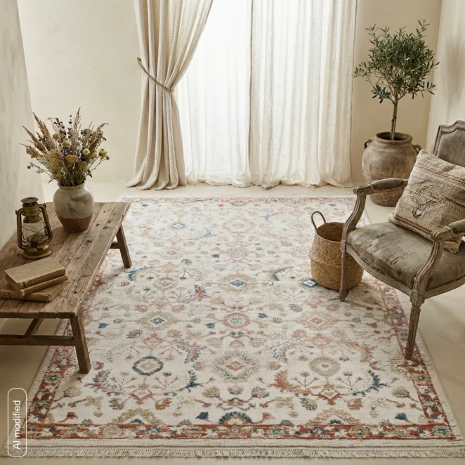Dywan 60x100 cm kremowo, ceglasty z klasycznym motywem w stylu vintage ELORA8