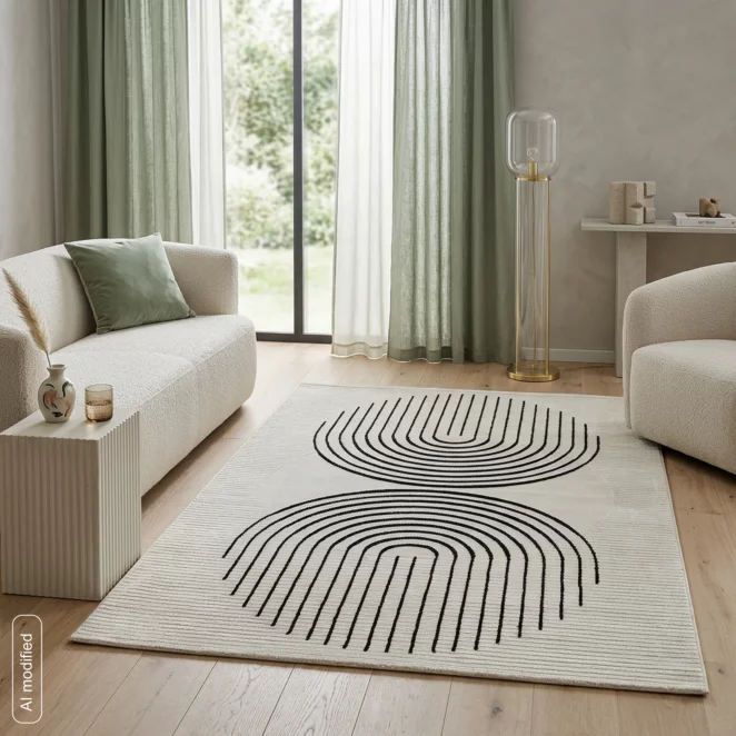 Dywan 60x100 cm kremowo, czarny zdobiony geometrycznym wzorem AURRA1