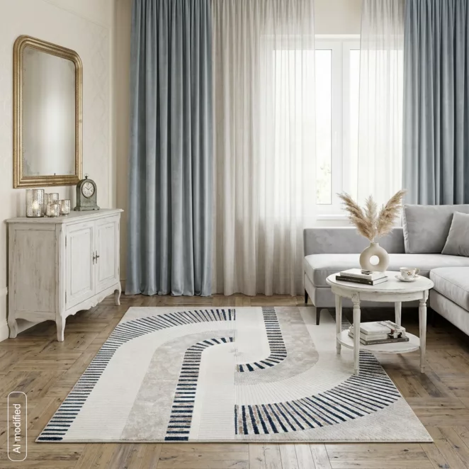 Dywan 60x100 cm kremowo, niebieski z modernistycznym, łukowym wzorem CRYSTAL3
