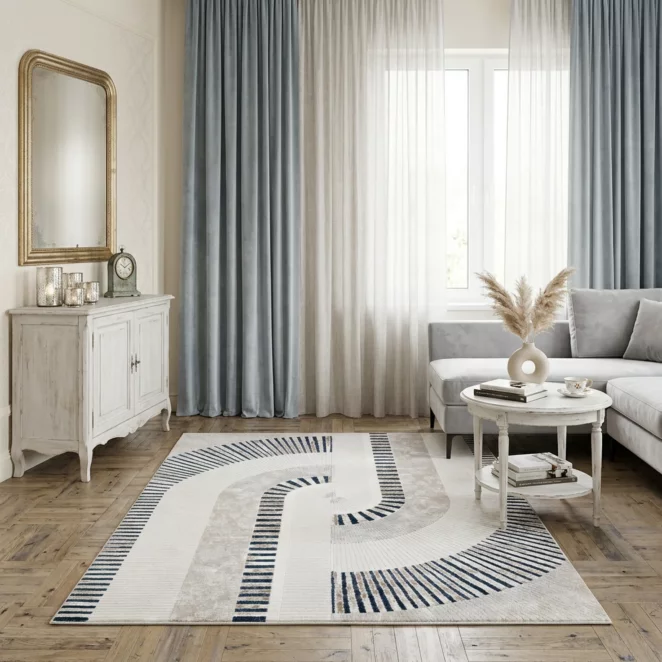 Dywan 60x100 cm kremowo, niebieski z modernistycznym, łukowym wzorem CRYSTAL3