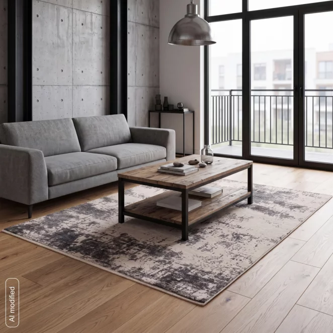 Dywan 60x100 cm kremowo, stalowy zdobiony przecieranym wzorem HAVAI3