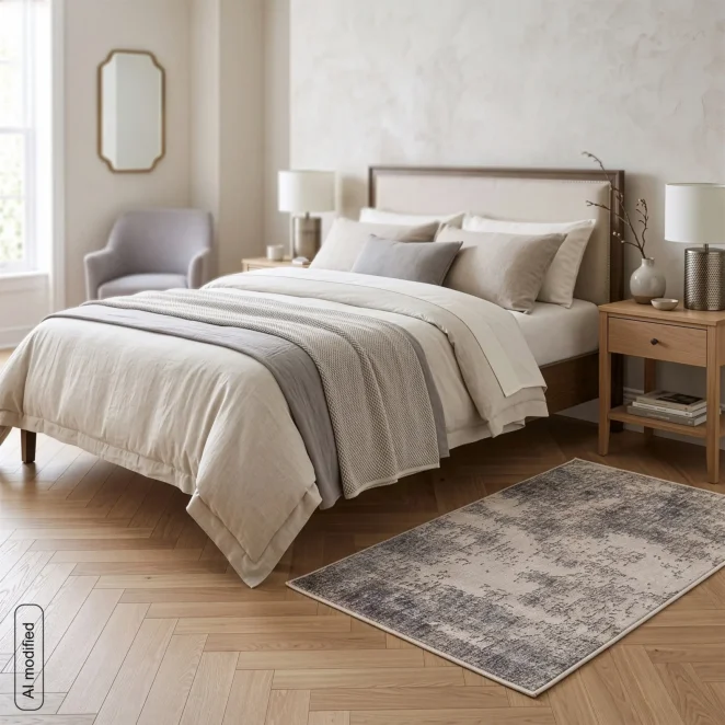 Dywan 60x100 cm kremowo, stalowy zdobiony przecieranym wzorem HAVAI3