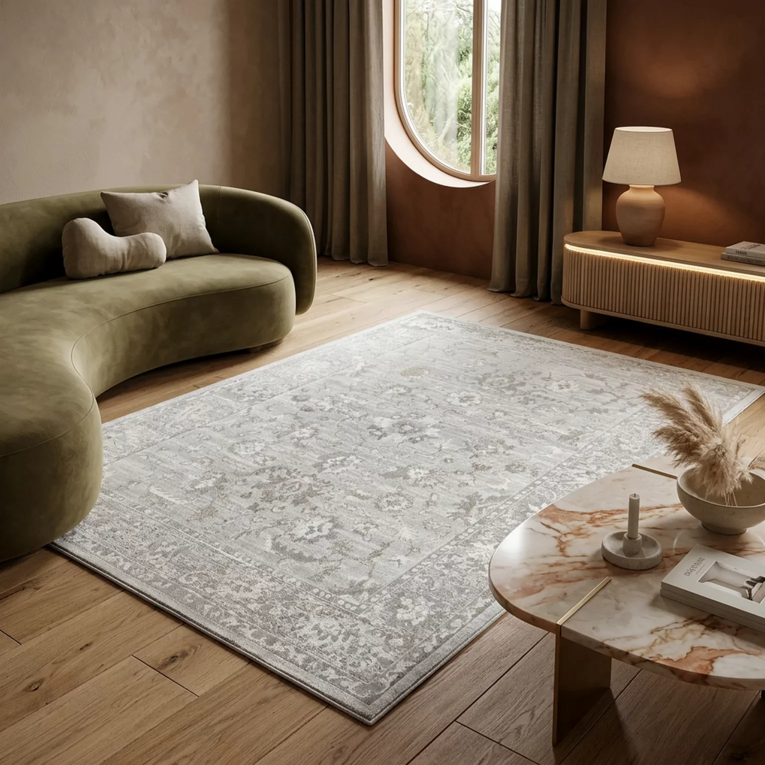 Dywan 60x100 cm popielato, kremowy  zdobiony roślinnym motywem ELBA3