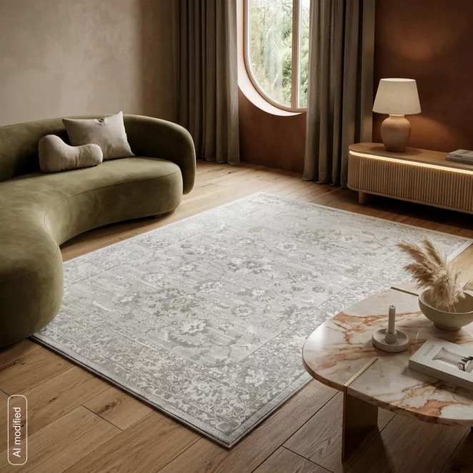 Dywan 60x100 cm popielato, kremowy  zdobiony roślinnym motywem ELBA3