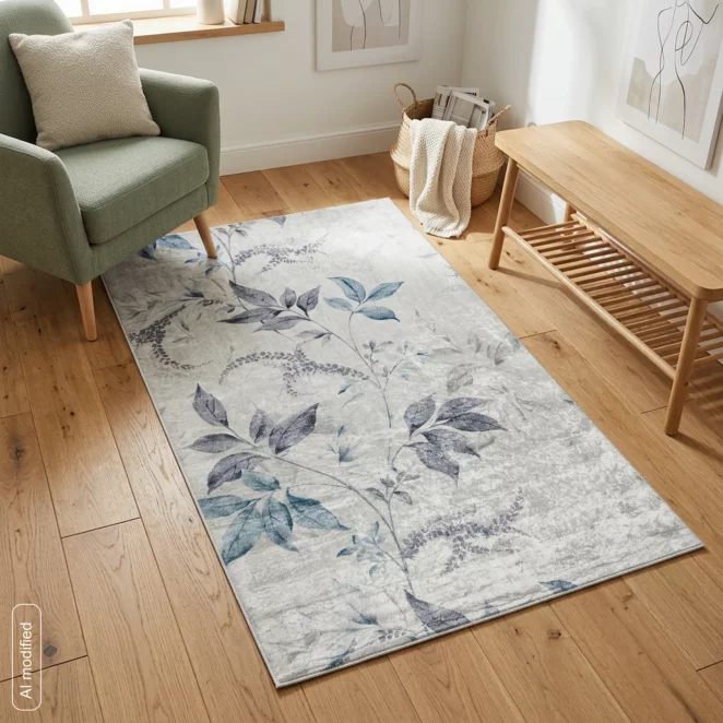 Dywan 80x140 cm kremowo, niebieski zdobiony motywem roślinnym LOTUS6