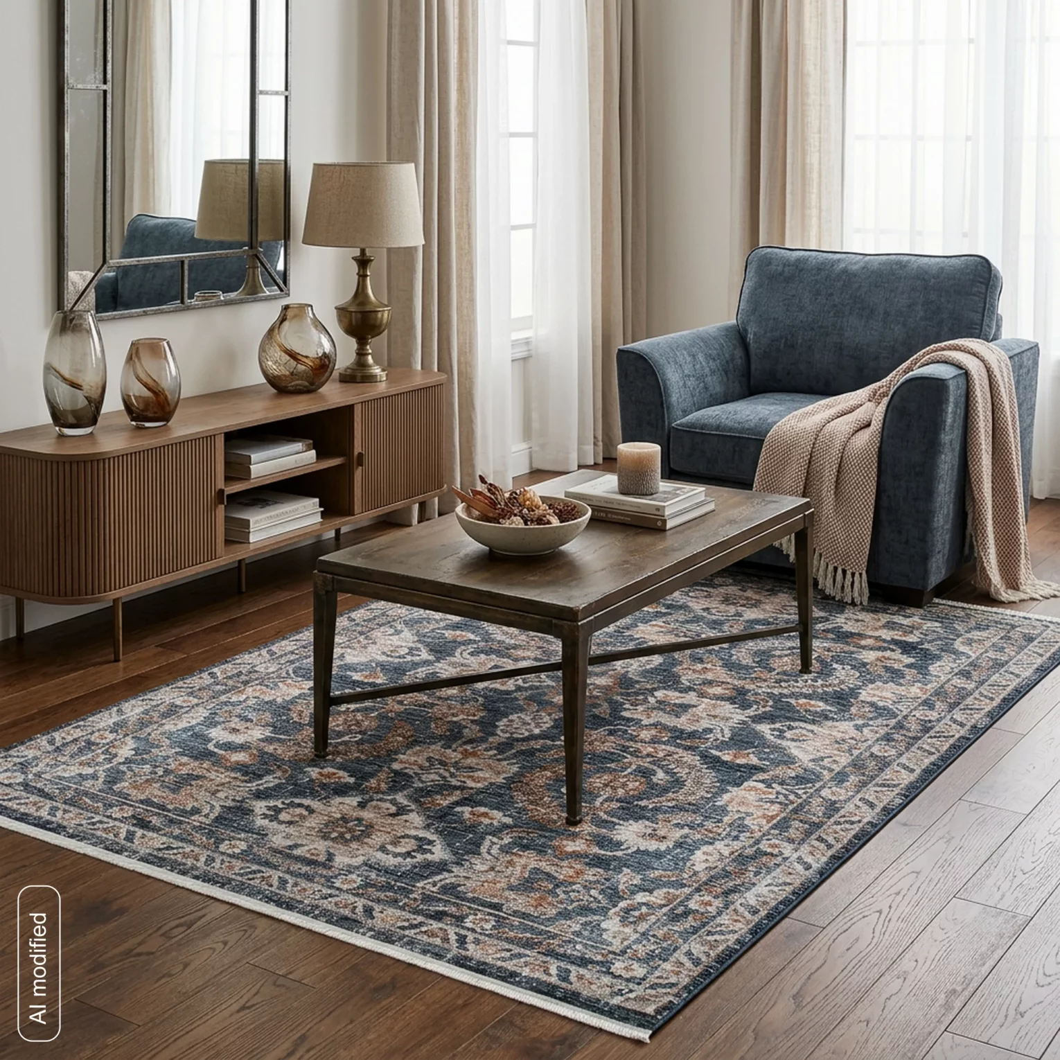 Dywan 80x150 cm ciemnoniebiesko, beżowy z klasycznym ornamentowym wzorem HAWAI2