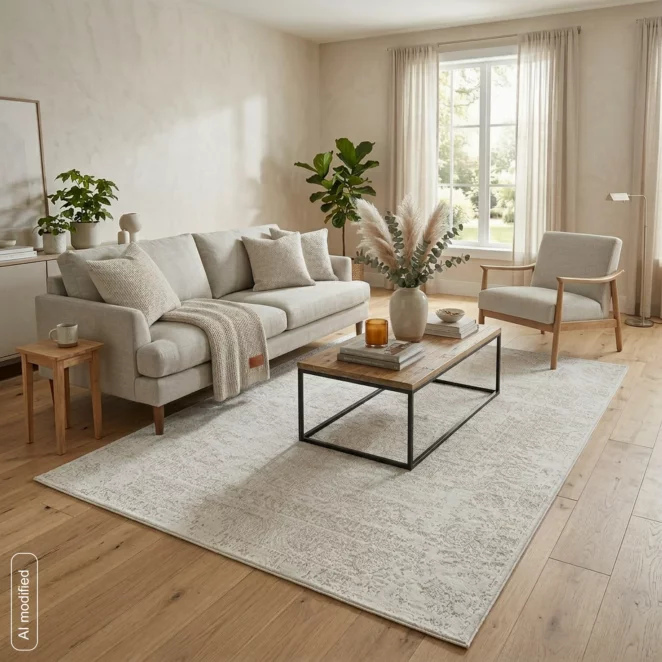 Dywan 80x150 cm kremowo, beżowy z subtelnie ornamentowym wzorem NOVA3