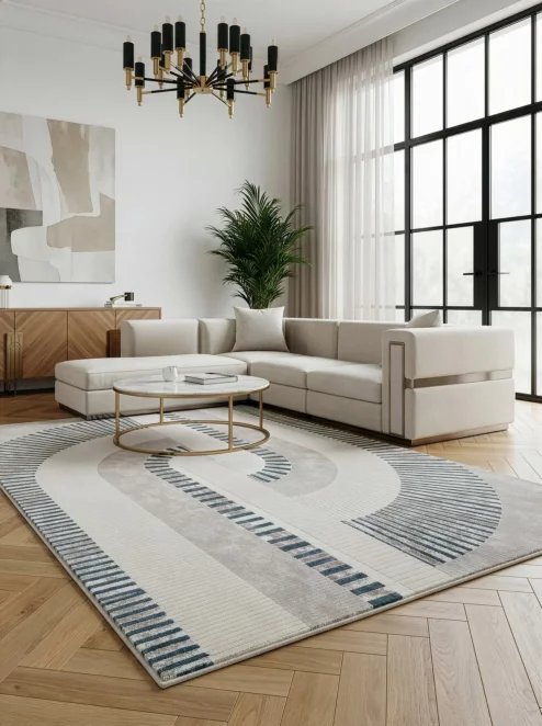 Dywan 80x150 cm kremowo, niebieski z modernistycznym, łukowym wzorem CRYSTAL3