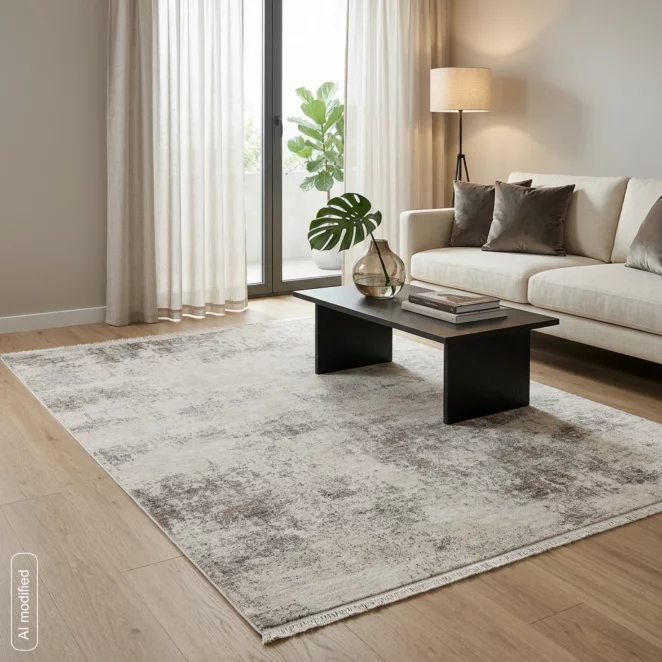 Dywan 80x150 cm kremowo, stalowy zdobiony przecieranym wzorem HAVAI3