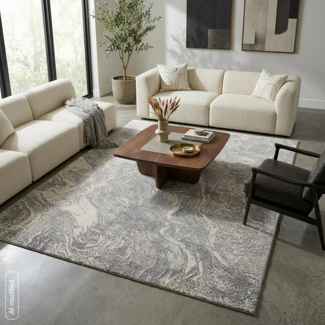 Dywan 80x150 cm stalowo, biały o eleganckiej żyłkowej strukturze inspirowany naturalnym kamieniem SALENA9