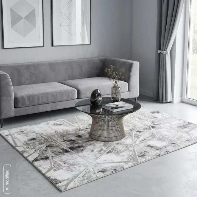 Dywan 80x150 cm stalowo, biały zdobiony geometrycznym przestrzennym wzorem MILAN5