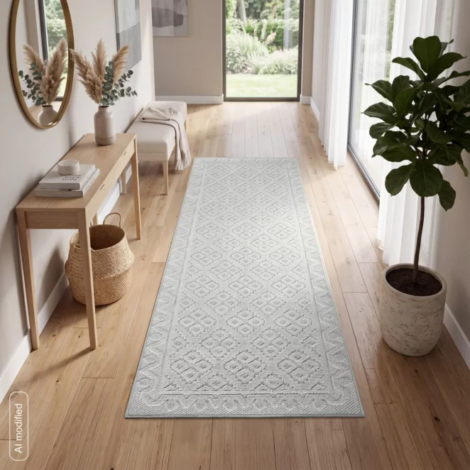 Dywan 80x200 cm srebrny zdobiona pętelkowym geometrycznym wzorem z frędzlami LENA BOHO