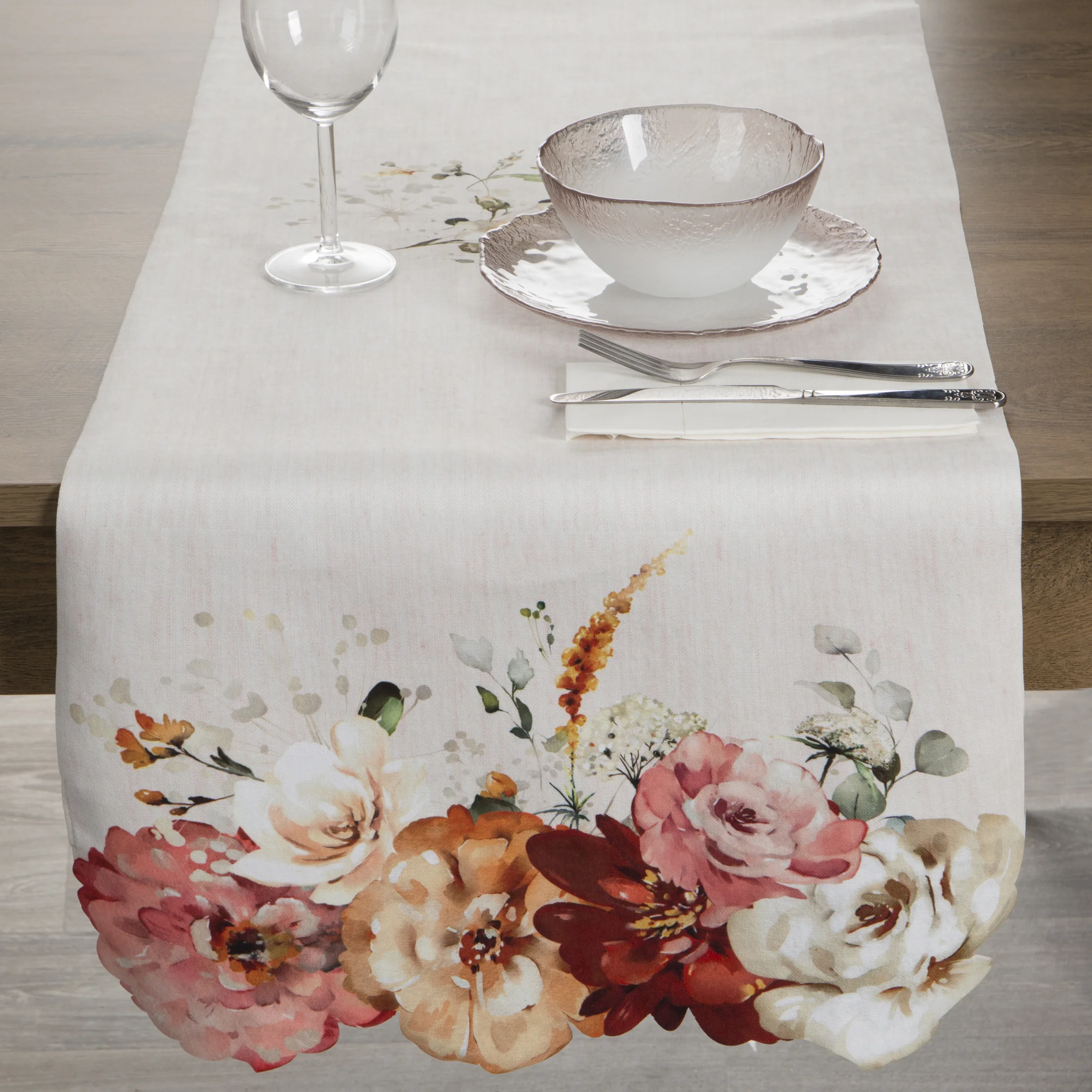 Bieżnik na stół naturalno, różowy 40x140 cm SUMMER 2 z nadrukowanym motywem kwitnących kwiatów