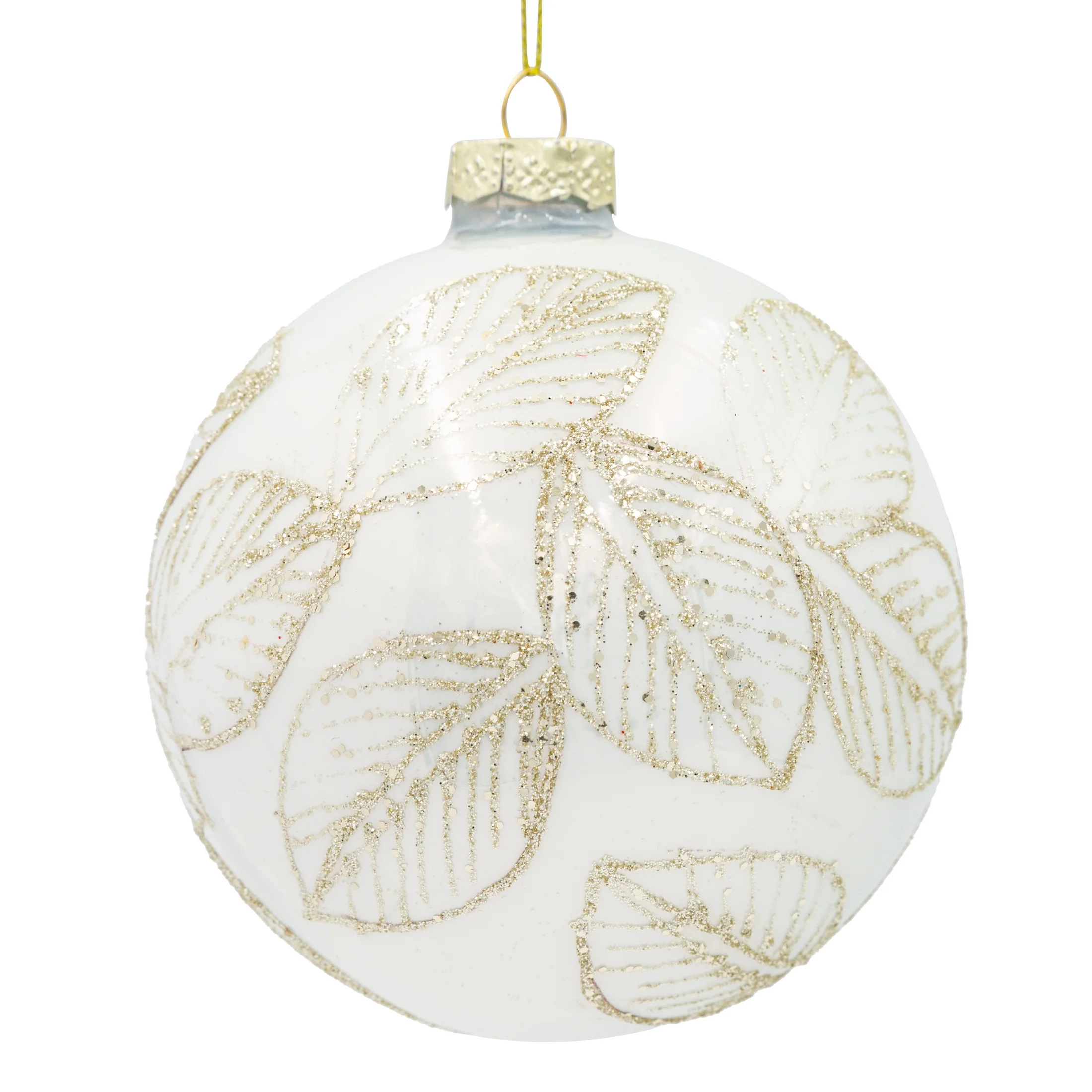 Szklana bombka choinkowa ręcznie zdobiona motywem lśniących liści | eurofirany