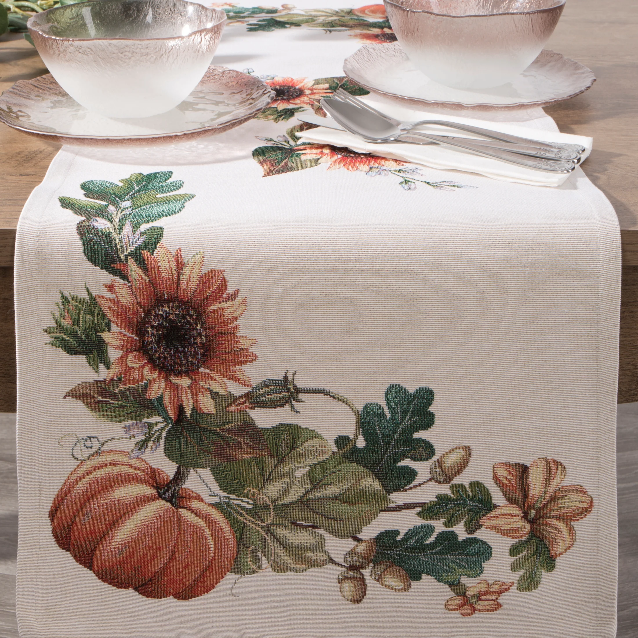 Bieżnik na stół naturalno, pomarańczowy 40x100 cm gobelinowy zdobiony motywem słoneczników i dyń