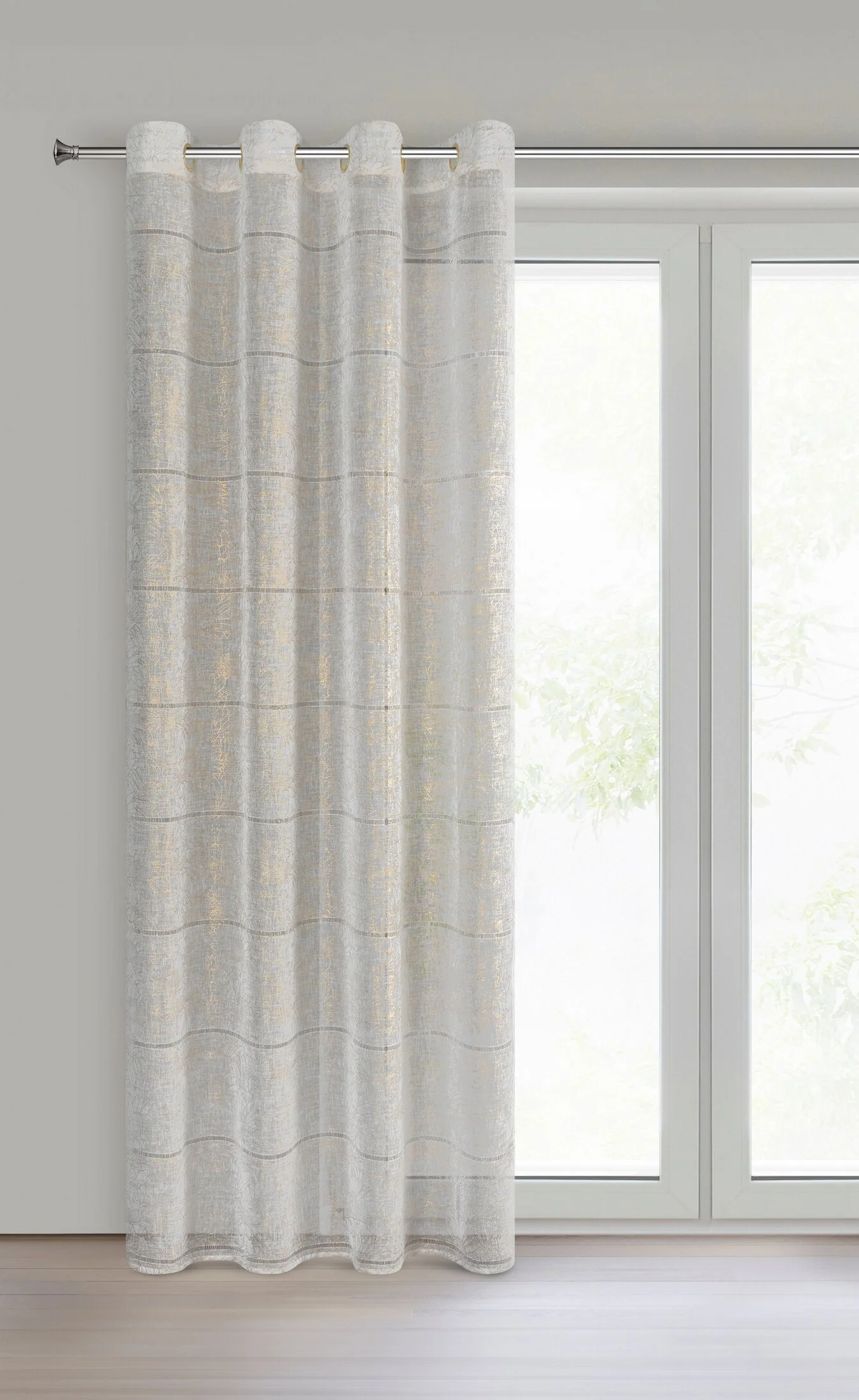 Firana biało, złota zdobiona ażurowymi paskami i roślinnym nadrukiem 140x250 cm przelotka - KATY