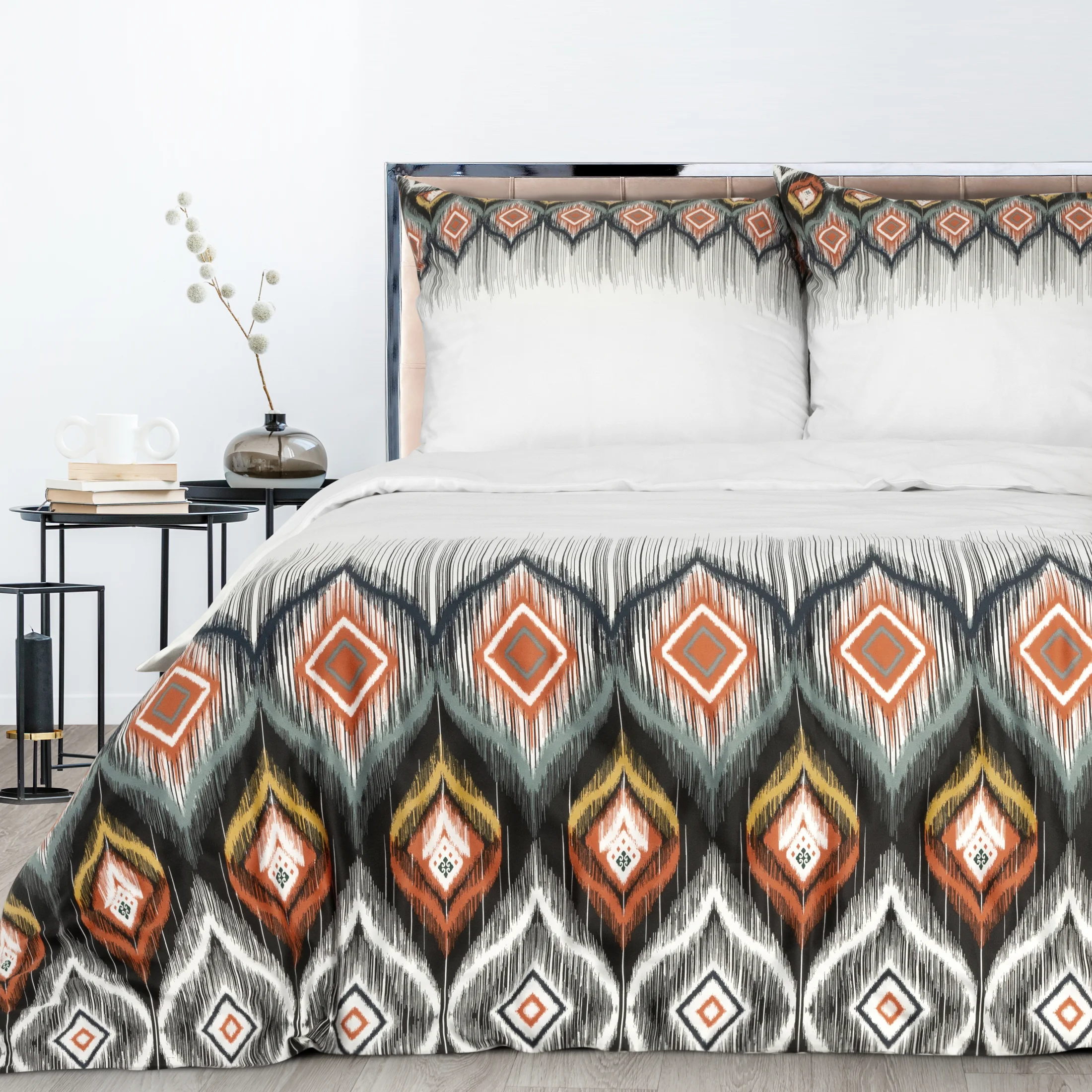 Pościel 220x200 cm bawełniana kolor biały, pomarańczowy z geometrycznym wzorem NIKA 21 | eurofirany