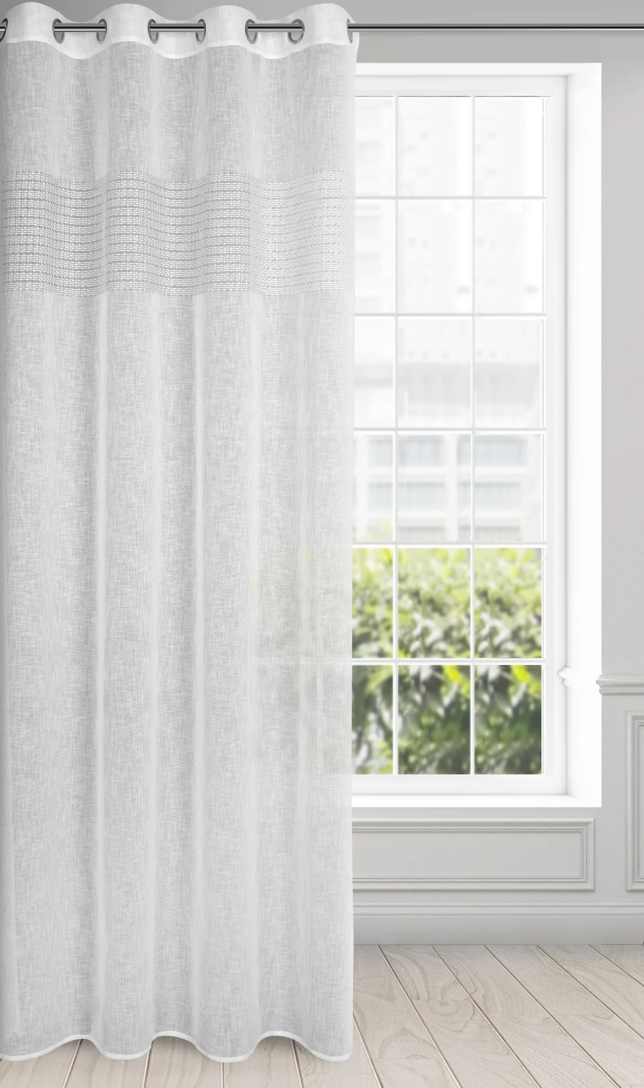 Zasłona biała z ozdobnym pasem w górnej części w stylu eko z etaminy 140x250 cm przelotka - VICKY